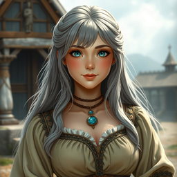 A beautiful, busty, cute Ukrainian cleric healer girl with long ash grey hair and bright turquoise eyes