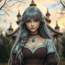 A beautiful, busty, cute Ukrainian cleric healer girl with long ash grey hair and bright turquoise eyes