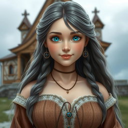 A beautiful, busty, cute Ukrainian cleric healer girl with long ash grey hair and bright turquoise eyes
