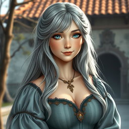A beautiful, busty, cute Ukrainian cleric healer girl with long ash grey hair and bright turquoise eyes