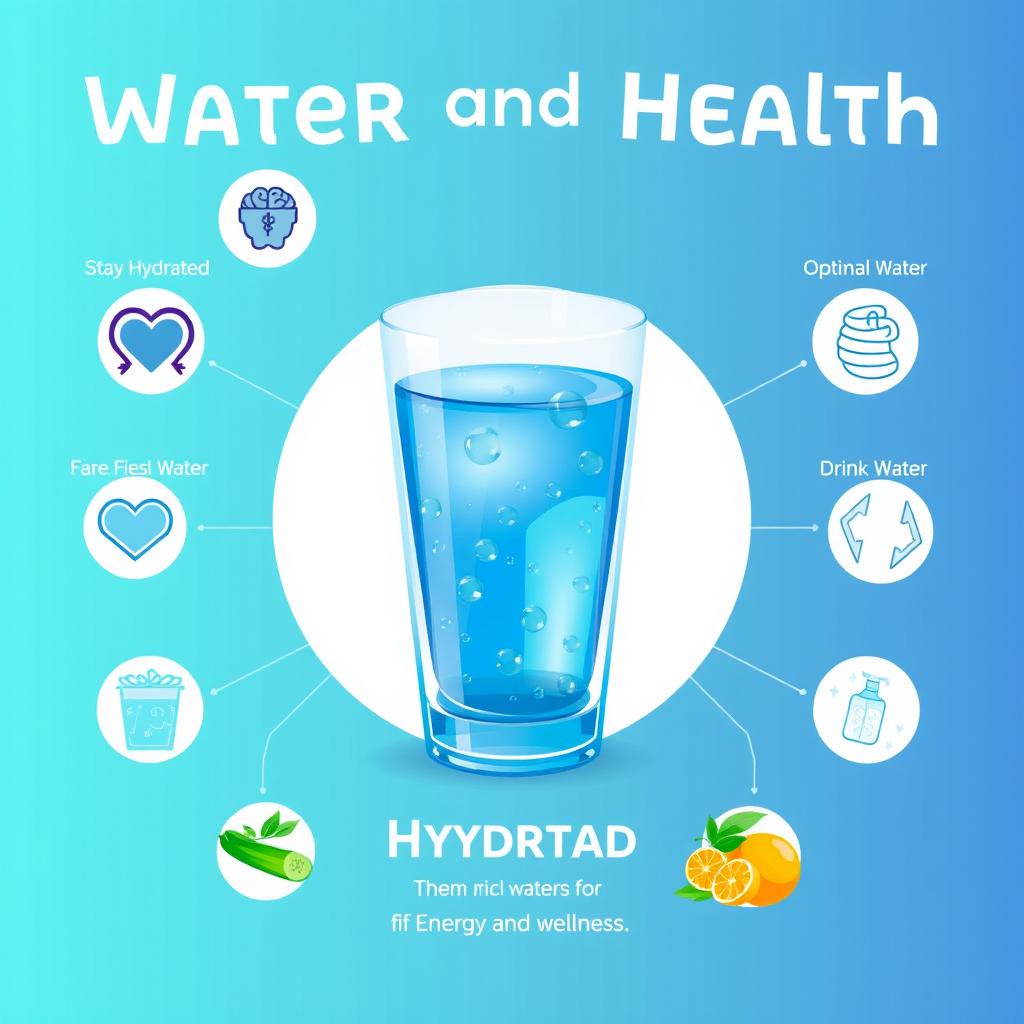 A vibrant and educational poster on the theme 'Water and Health: The Importance of Hydration for the Body'