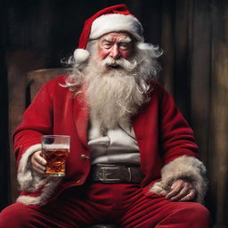 An extremely rugged Santa Claus after a 24-hour shift, torn suit, grizzled face with deep creases, wild unkempt hair and beard, slouching heavily in his chair, gripping a whiskey glass.