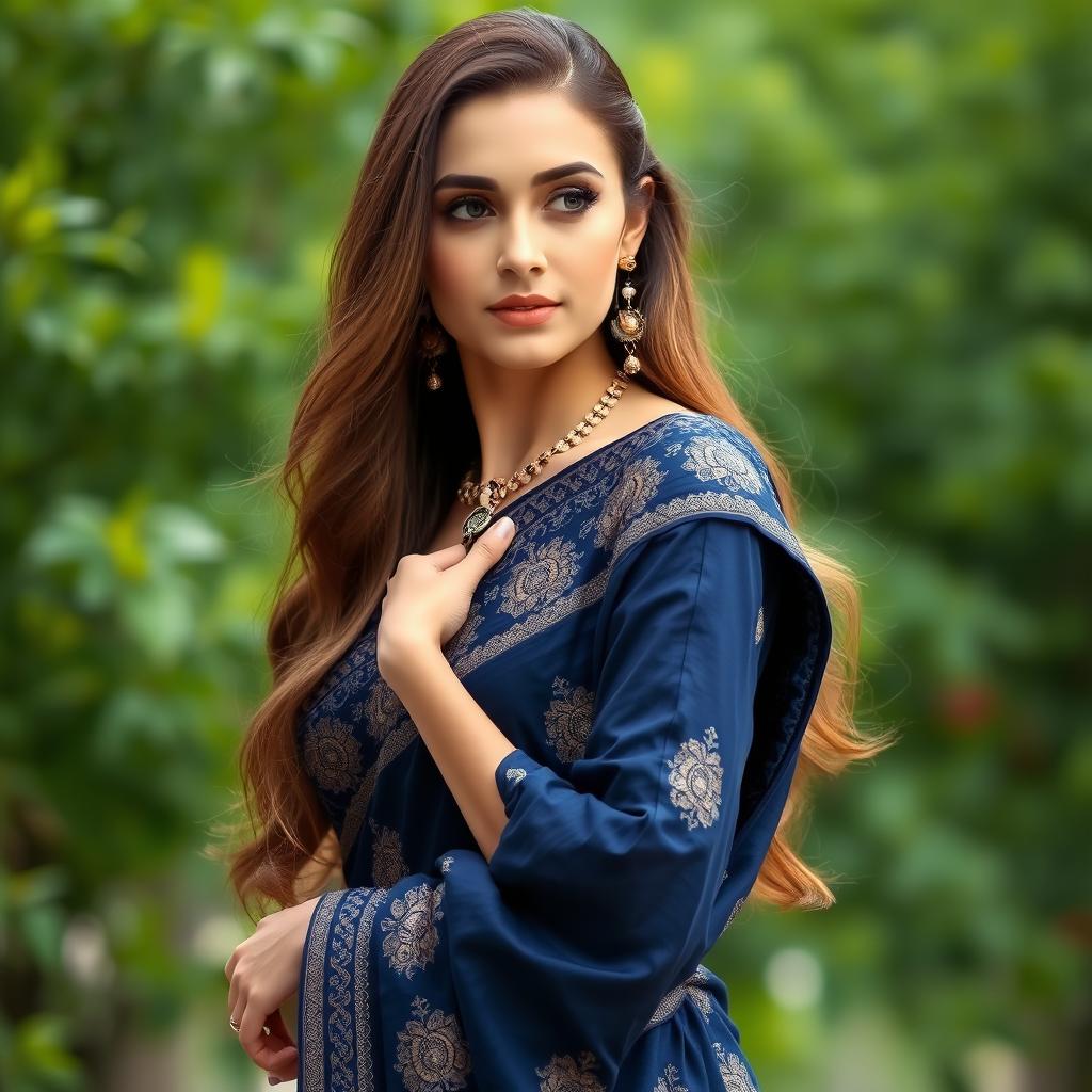 A beautiful Russian girl elegantly draped in a dark blue saree, showcasing intricate patterns and traditional embroidery