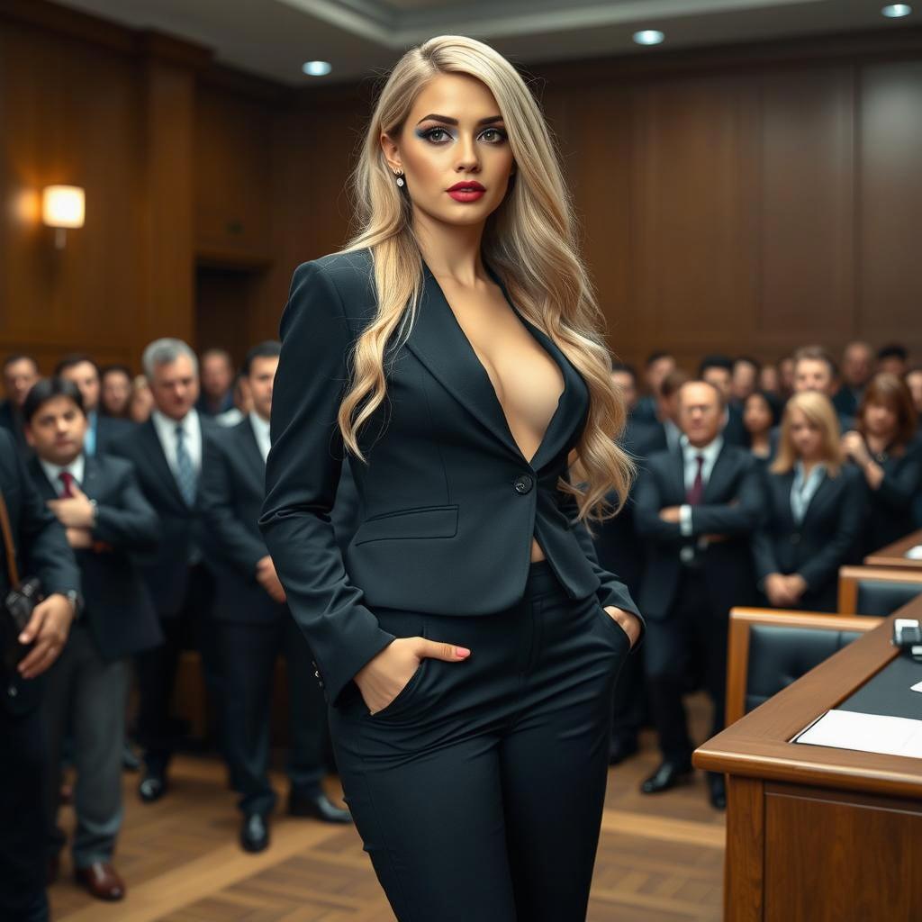 A striking image of a confident young woman in a professional setting, exuding elegance and poise