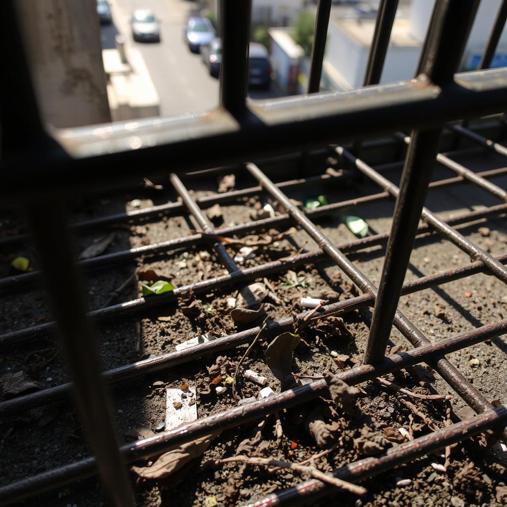 A close-up view of a barred grating on a rooftop, with light streaming through, casting shadows on the debris that has filtered down from the street above