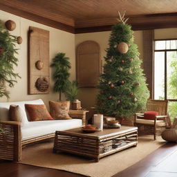 A harmonious blend of Javanese and Japanese design for a living room adorned with handcrafted bamboo and rattan furniture from Java craft. A beautifully decorated Christmas tree stands in one corner, surrounded by wrapped gifts, merging holiday cheer with Eastern serene aesthetics and nature-inspired elements.