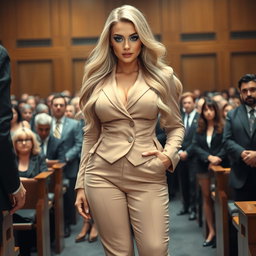 A captivating full-length photographic image of a beautiful, ultra-curvy young woman with striking features, including a seductive thin face, long flowing blonde hair, and bright frosted pastel blue eye shadow