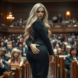 A captivating full-length photographic image of a beautiful, ultra-curvy young woman with captivating features, including a delicate thin face, long flowing blonde hair, and bright frosted pastel blue eye shadow