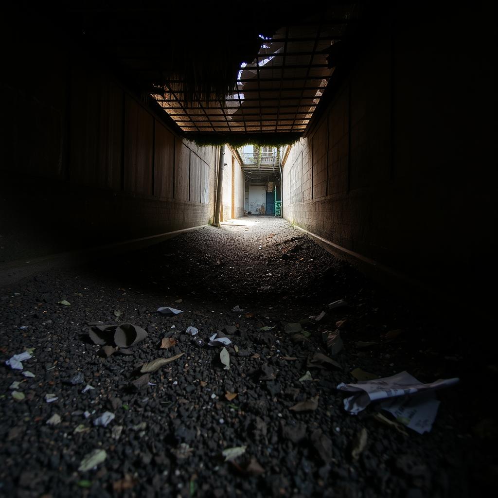 A detailed view of a dimly lit underground space where debris filters down from a street above through a barred grating in the roof