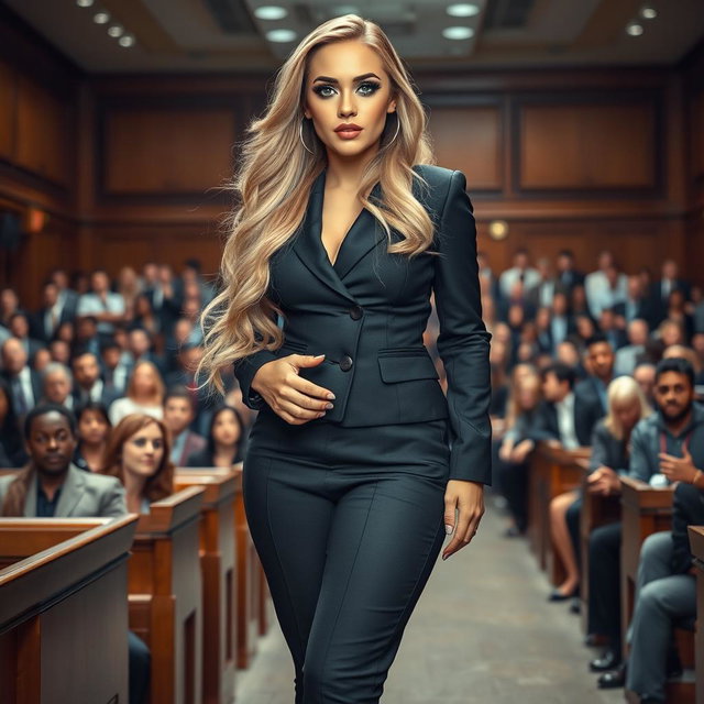 A stunning full-length photographic image of a beautiful, ultra-curvy young woman with an enchanting thin face and long, flowing blonde hair
