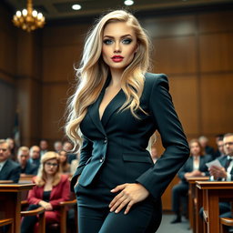 A stunning full-length photographic image of a beautiful, ultra-curvy young woman with a sweet, thin face and long blonde hair