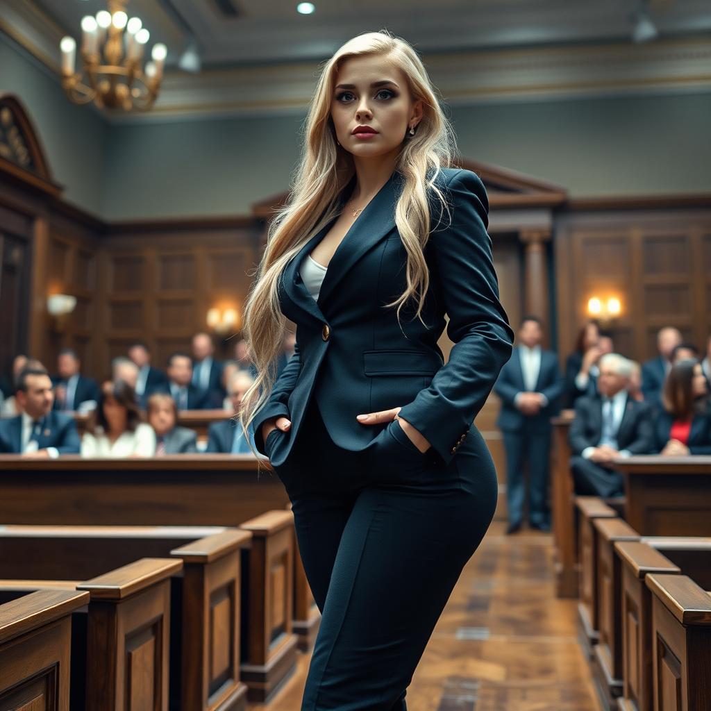 A stunning full-length photographic image of a beautiful, ultra-curvy young woman with a sweet, thin face and long blonde hair