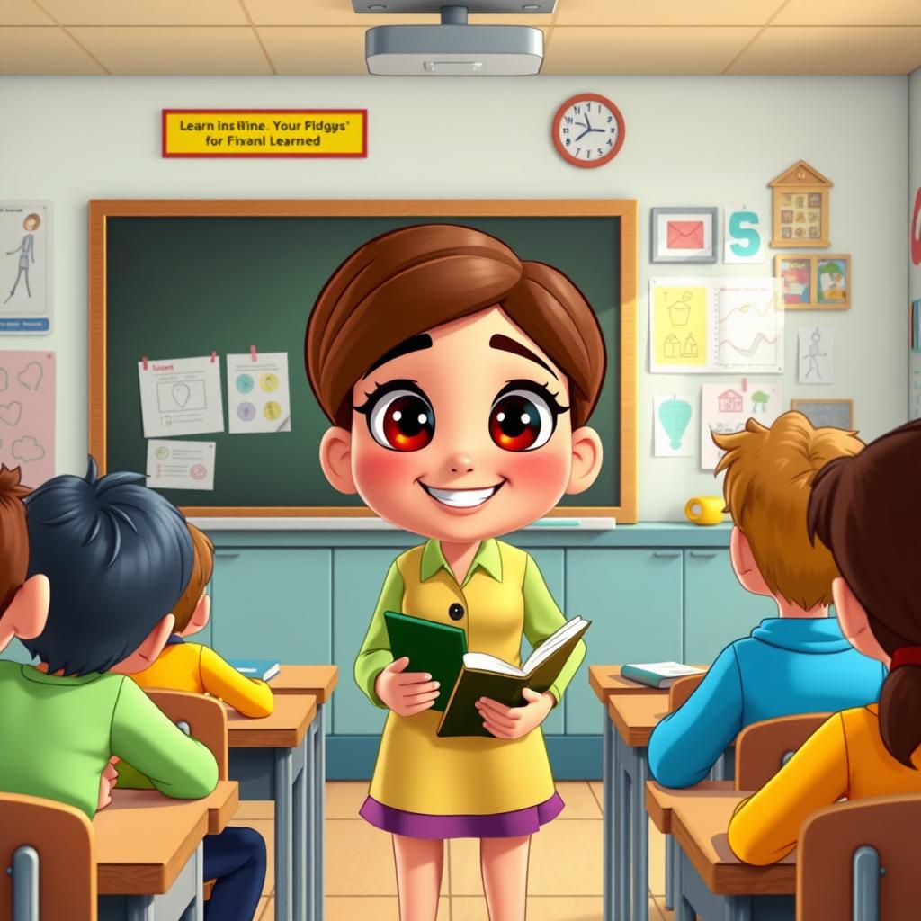 A Pixar-style classroom depicting a cheerful female teacher giving a lesson