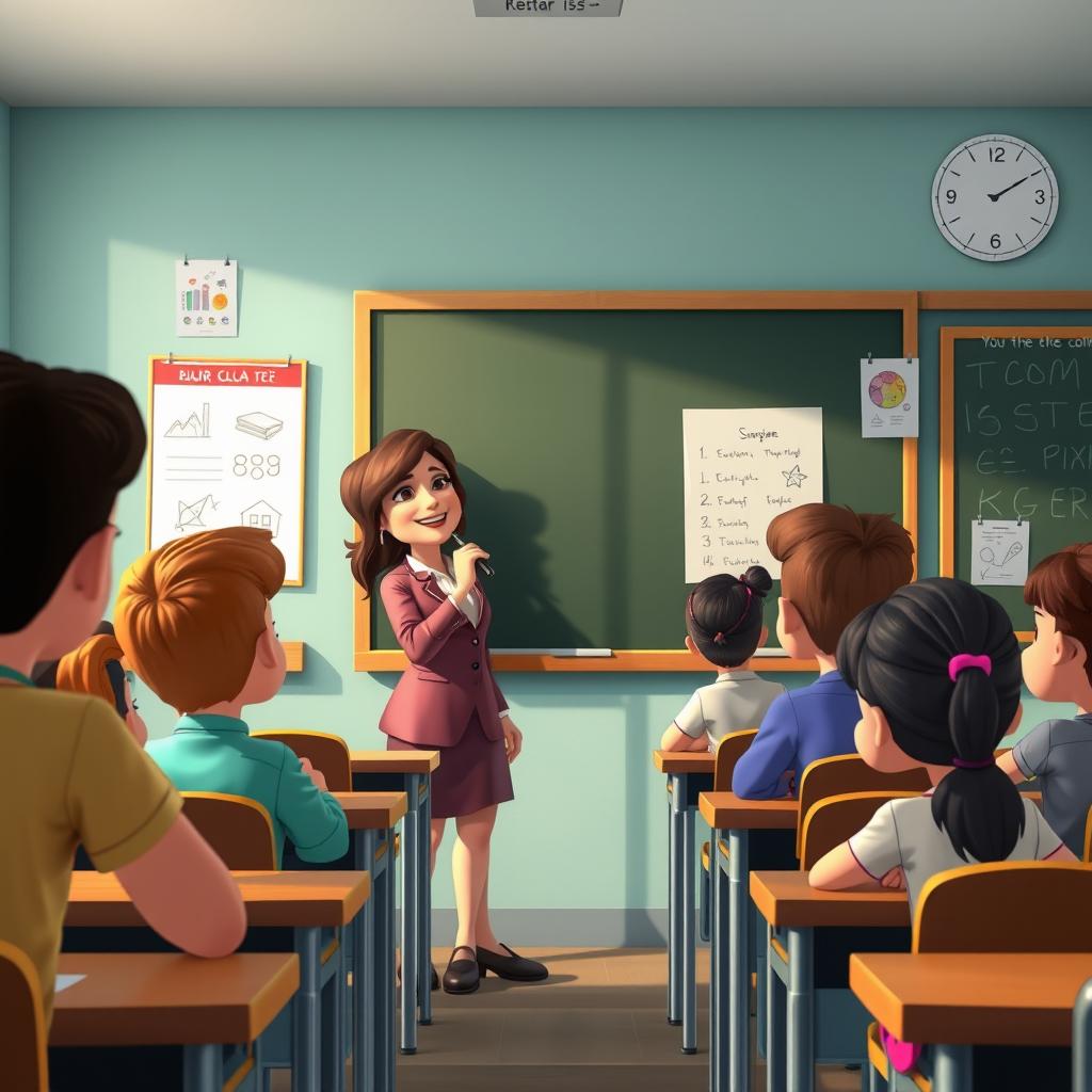 A Pixar-style classroom depicting a female teacher giving a lesson