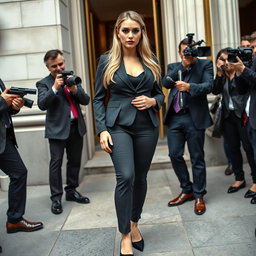 A captivating full-length photographic image of a beautiful, ultra-curvy young woman with a sweet thin face and long, shimmering blonde hair