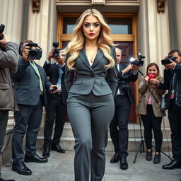A striking full-length photographic image of a beautiful, ultra-curvy young woman with a sweet thin face and flowing blonde hair