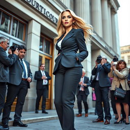 A striking full-length photographic image of a beautiful, ultra-curvy young woman with a sweet thin face and flowing blonde hair