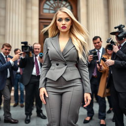 A striking full-length photographic image of a beautiful, ultra-curvy young woman with a sweet thin face and flowing blonde hair