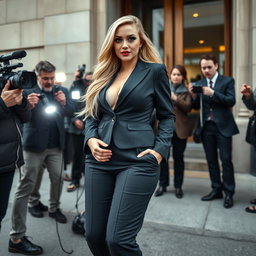 A stunning full-length photographic image of a beautiful, ultra-curvy young woman with a sweet thin face and flowing blonde hair
