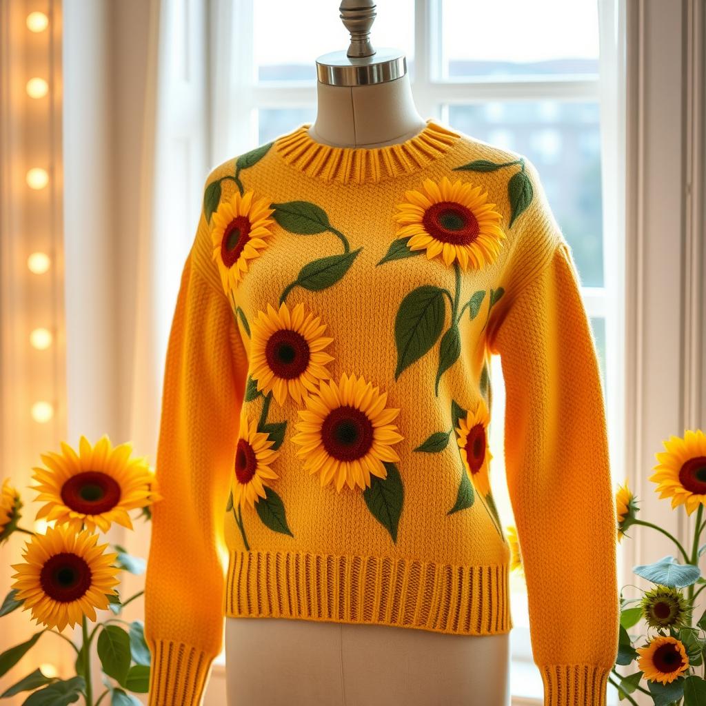 A stylish women's sweater adorned with vibrant sunflower patterns