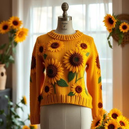 A stylish women's sweater adorned with vibrant sunflower patterns