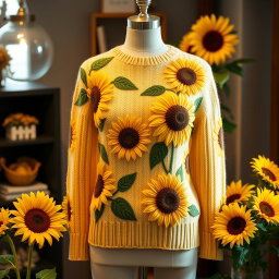A stylish women's sweater adorned with vibrant sunflower patterns