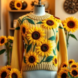 A stylish women's sweater adorned with vibrant sunflower patterns