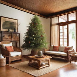 A harmonious blend of Javanese and Japanese design for a living room adorned with handcrafted bamboo and rattan furniture from Java craft. A beautifully decorated Christmas tree stands in one corner, surrounded by wrapped gifts, merging holiday cheer with Eastern serene aesthetics and nature-inspired elements.