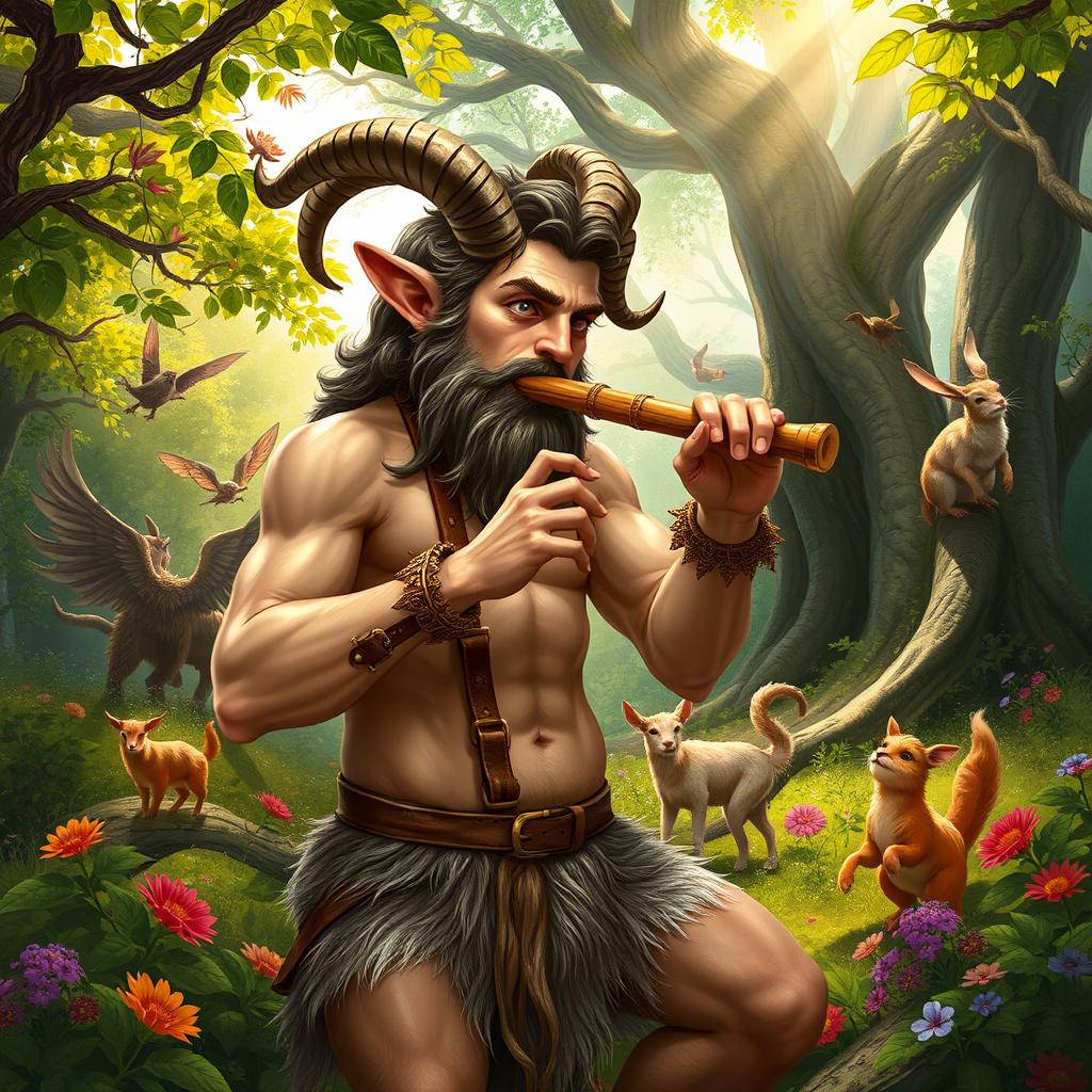 A mythical satyr, half man and half goat, depicted in a lush, vibrant forest setting