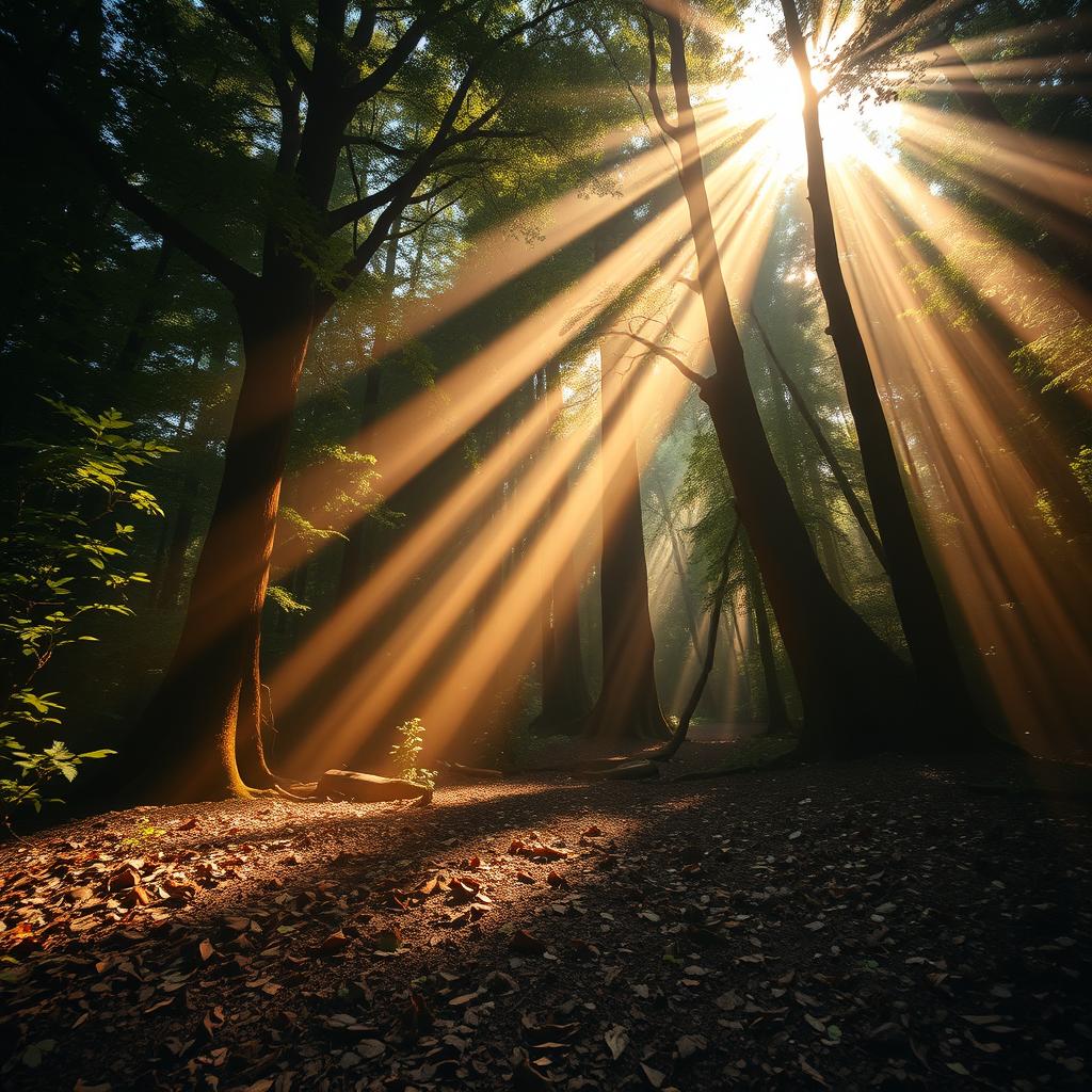 A breathtaking scene capturing a slanting beam of dirt-laden sunlight piercing through a thick canopy of trees in a mystical forest