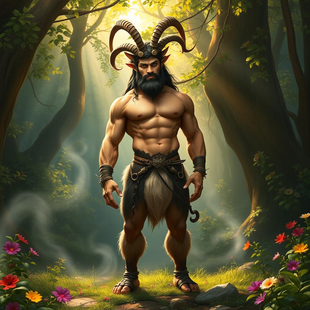 A majestic satyr standing confidently in a lush, enchanted forest, surrounded by vibrant greenery and beautiful flowers