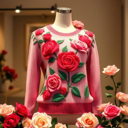 A stylish women's sweater featuring an elegant rose pattern intricately woven into the fabric