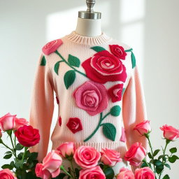 A stylish women's sweater featuring an elegant rose pattern intricately woven into the fabric