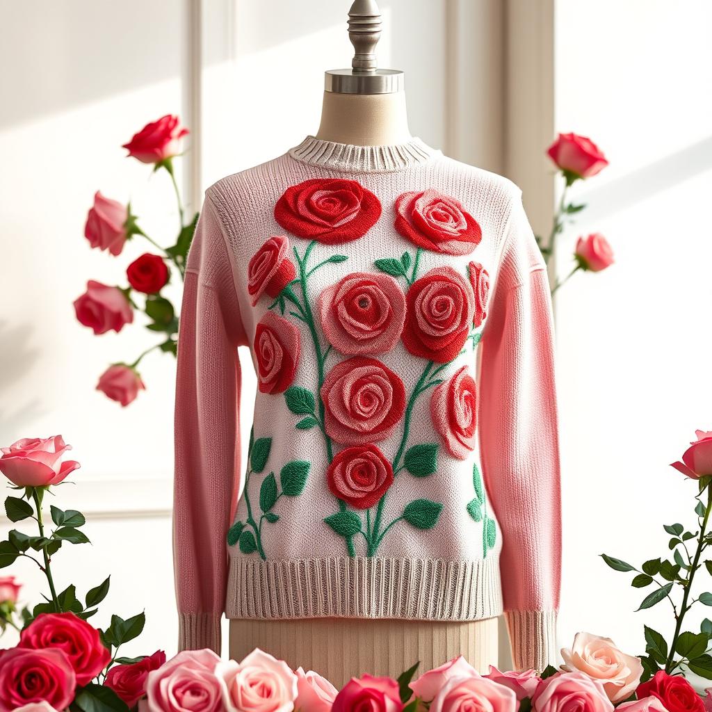 A stylish women's sweater featuring an elegant rose pattern intricately woven into the fabric