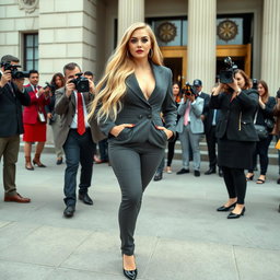 A striking full-length photographic image of a beautiful young woman with an ultra-curvy figure, sweet thin face, and long flowing blonde hair