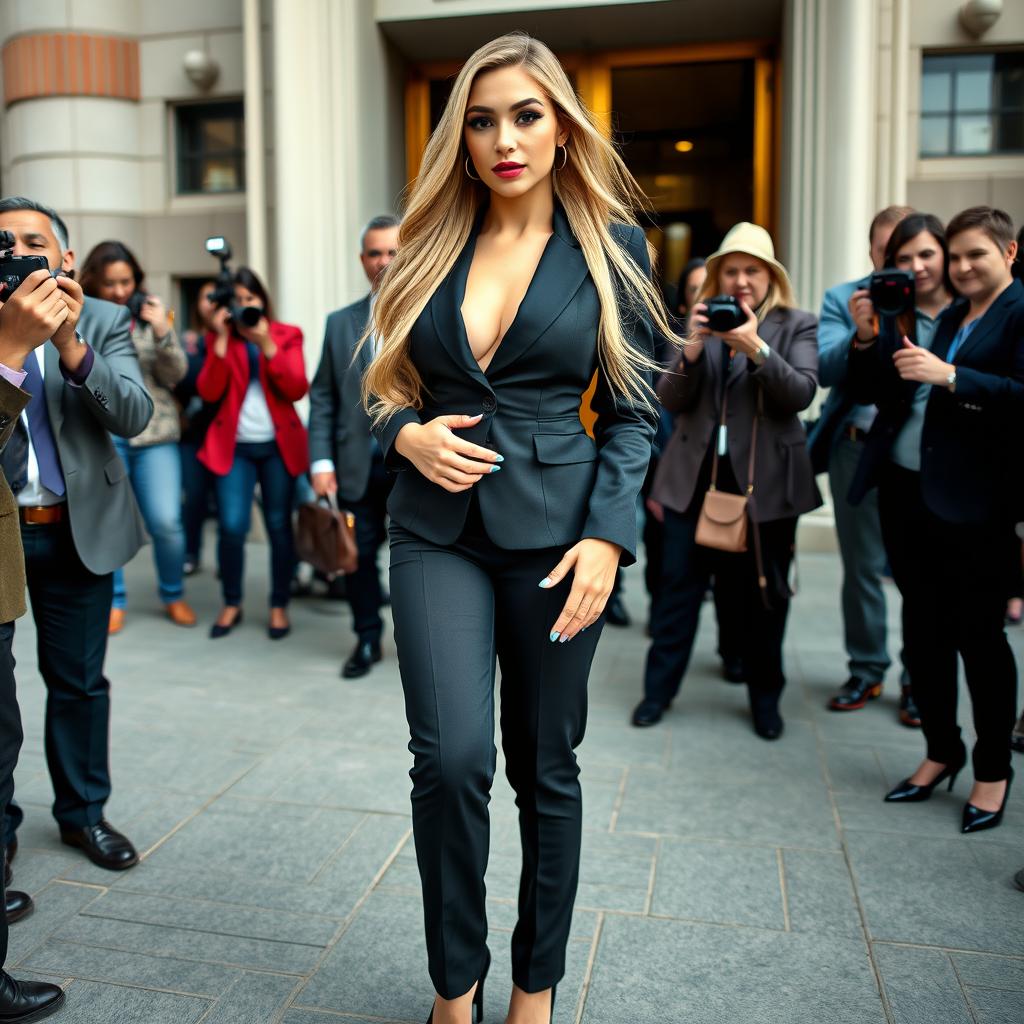 A striking full-length photographic image of a beautiful young woman with an ultra-curvy figure, sweet thin face, and long flowing blonde hair