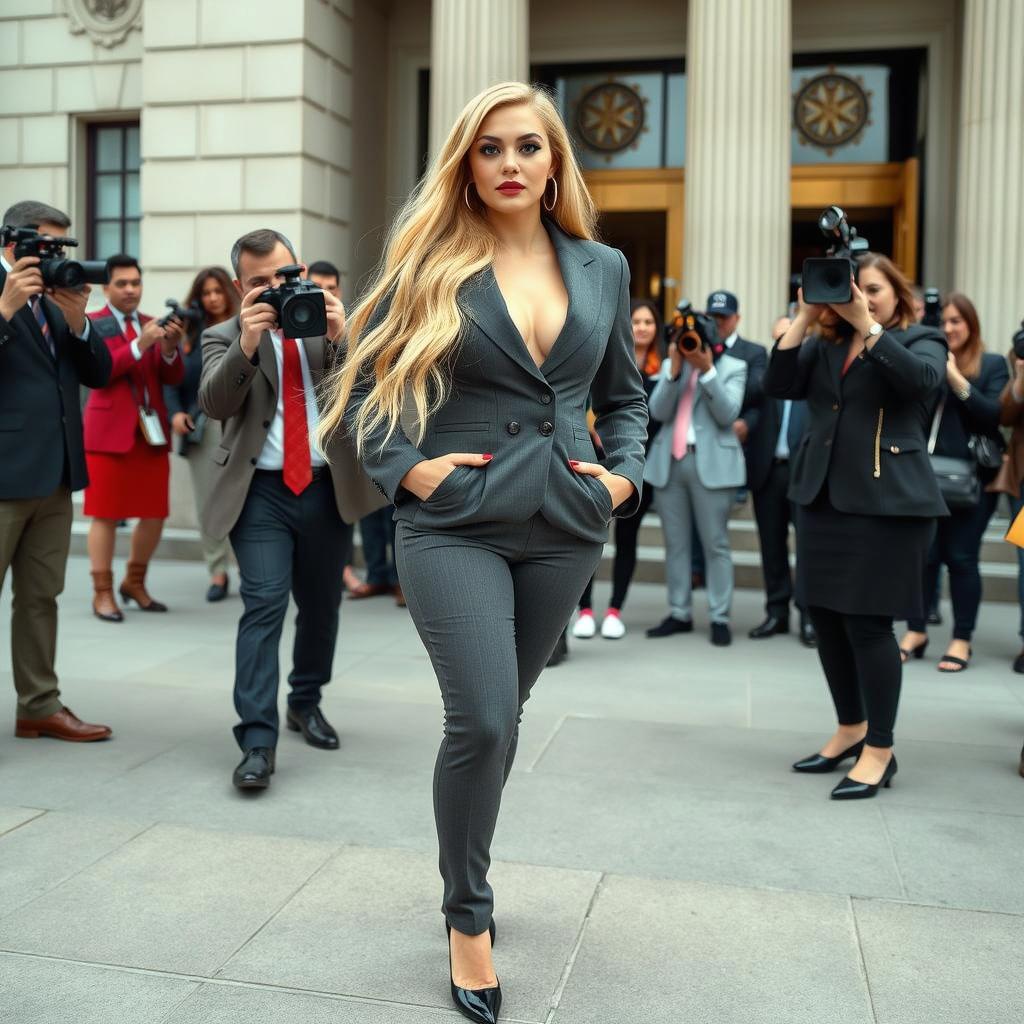 A striking full-length photographic image of a confident young woman with long blonde hair, dressed in a tailored grey business suit