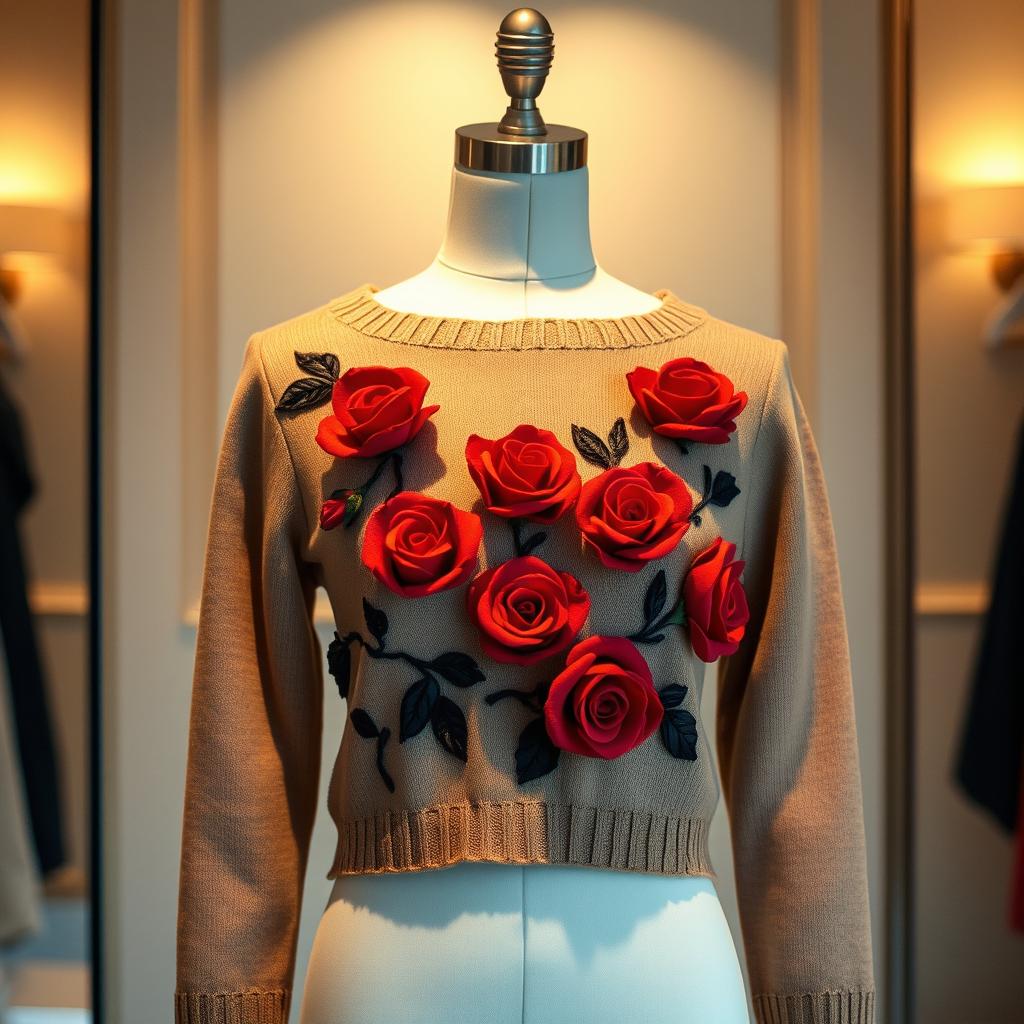 A beautiful women's sweater featuring a boat neckline and an elegant design embellished with striking red roses