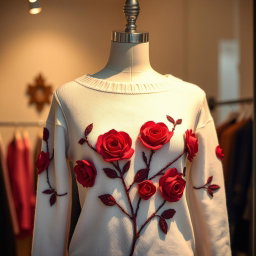 A beautiful women's sweater featuring a boat neckline and an elegant design embellished with striking red roses