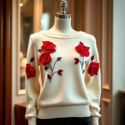A beautiful women's sweater featuring a boat neckline and an elegant design embellished with striking red roses