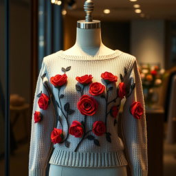 A beautiful women's sweater featuring a boat neckline and an elegant design embellished with striking red roses