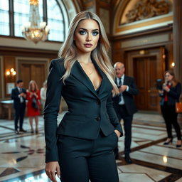 A confident young woman with a sexy, sweet, thin face and beautifully ultra curvy figure, featuring bright frosted pastel blue eye shadow, thick black eyeliner, and long eyelashes