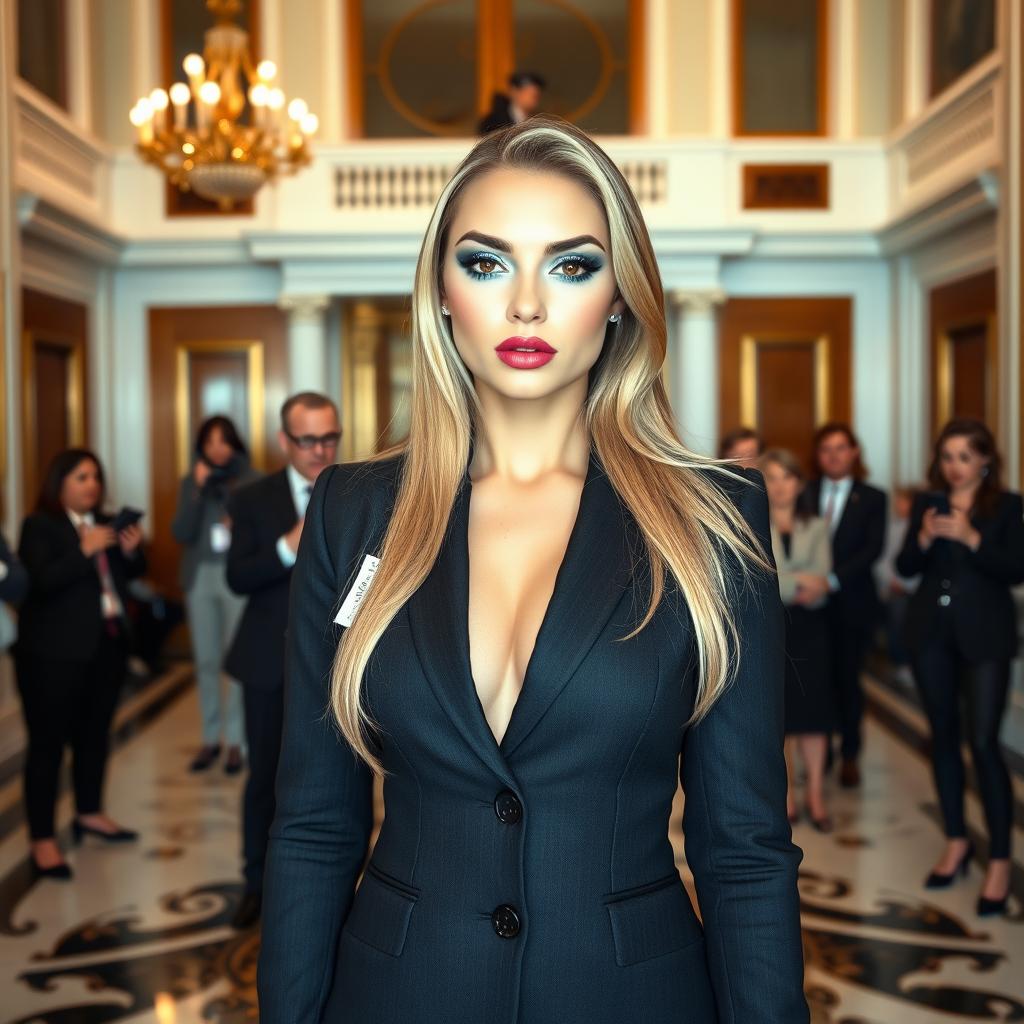 A confident young woman with a sexy, sweet, thin face and beautifully ultra curvy figure, featuring bright frosted pastel blue eye shadow, thick black eyeliner, and long eyelashes