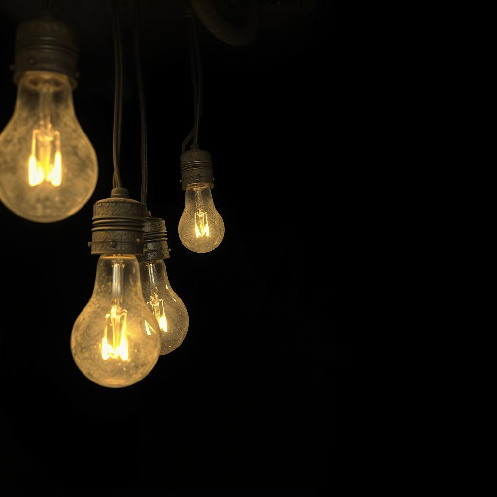 A dimly lit scene depicting a row of meager electric bulbs, unscreened and flickering, casting a dull yellow glow