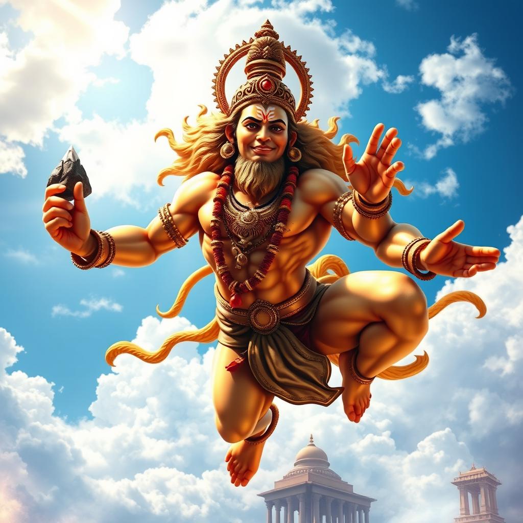 A detailed and majestic depiction of Hanuman, the Hindu monkey god, showcasing his muscular form and divine presence