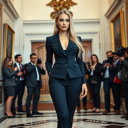 A confident young woman with a sexy, sweet, thin face and beautifully ultra curvy figure, featuring bright frosted pastel blue eye shadow, thick black eyeliner, and long eyelashes
