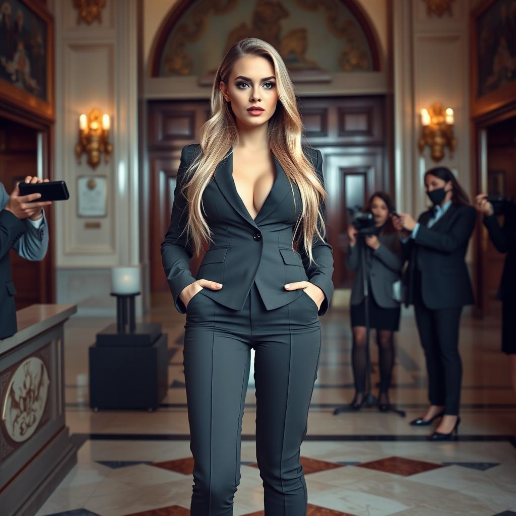 A confident young woman with a sexy, sweet, thin face and beautifully ultra curvy figure, featuring bright frosted pastel blue eye shadow, thick black eyeliner, and long eyelashes