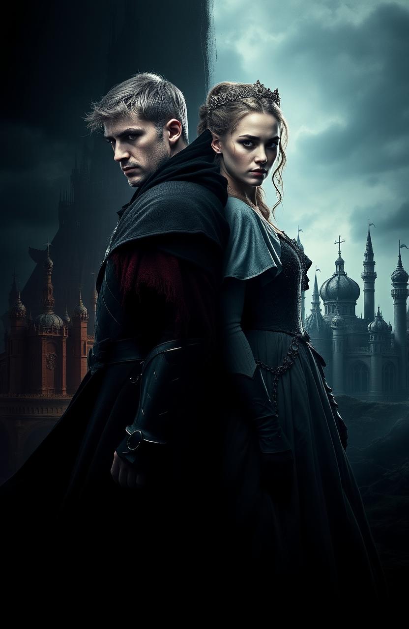 A cinematic and dramatic visual scene featuring two contrasting characters, Rheon and Ellaria, standing back to back
