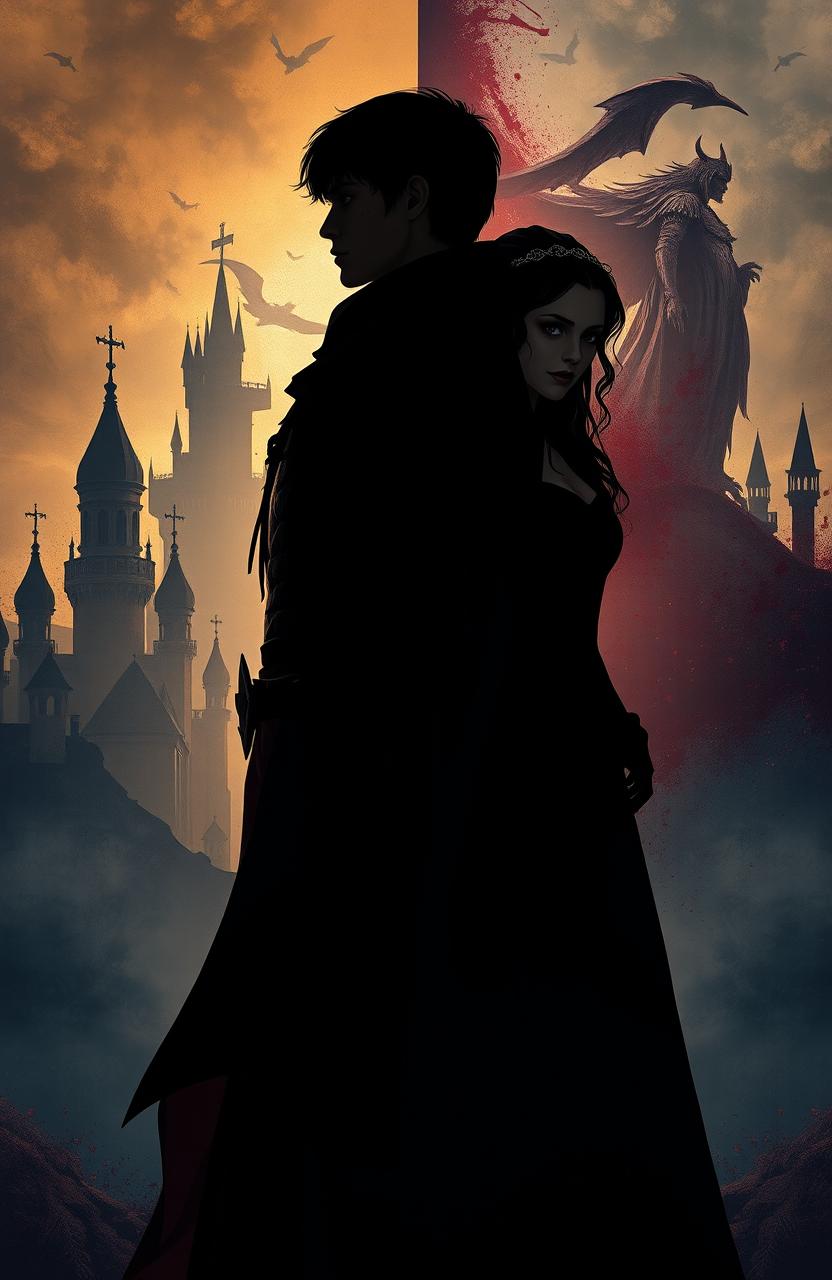 Two silhouettes of main characters (Rheon and Ellaria) standing back to back against a background of two contrasting kingdoms—one appears majestic yet shrouded in shadows, the other looks beautiful yet marked by blood