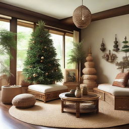 A harmonious blend of Javanese and Japanese design for a living room adorned with handcrafted bamboo and rattan furniture from Java craft. A beautifully decorated Christmas tree stands in one corner, surrounded by wrapped gifts, merging holiday cheer with Eastern serene aesthetics and nature-inspired elements.